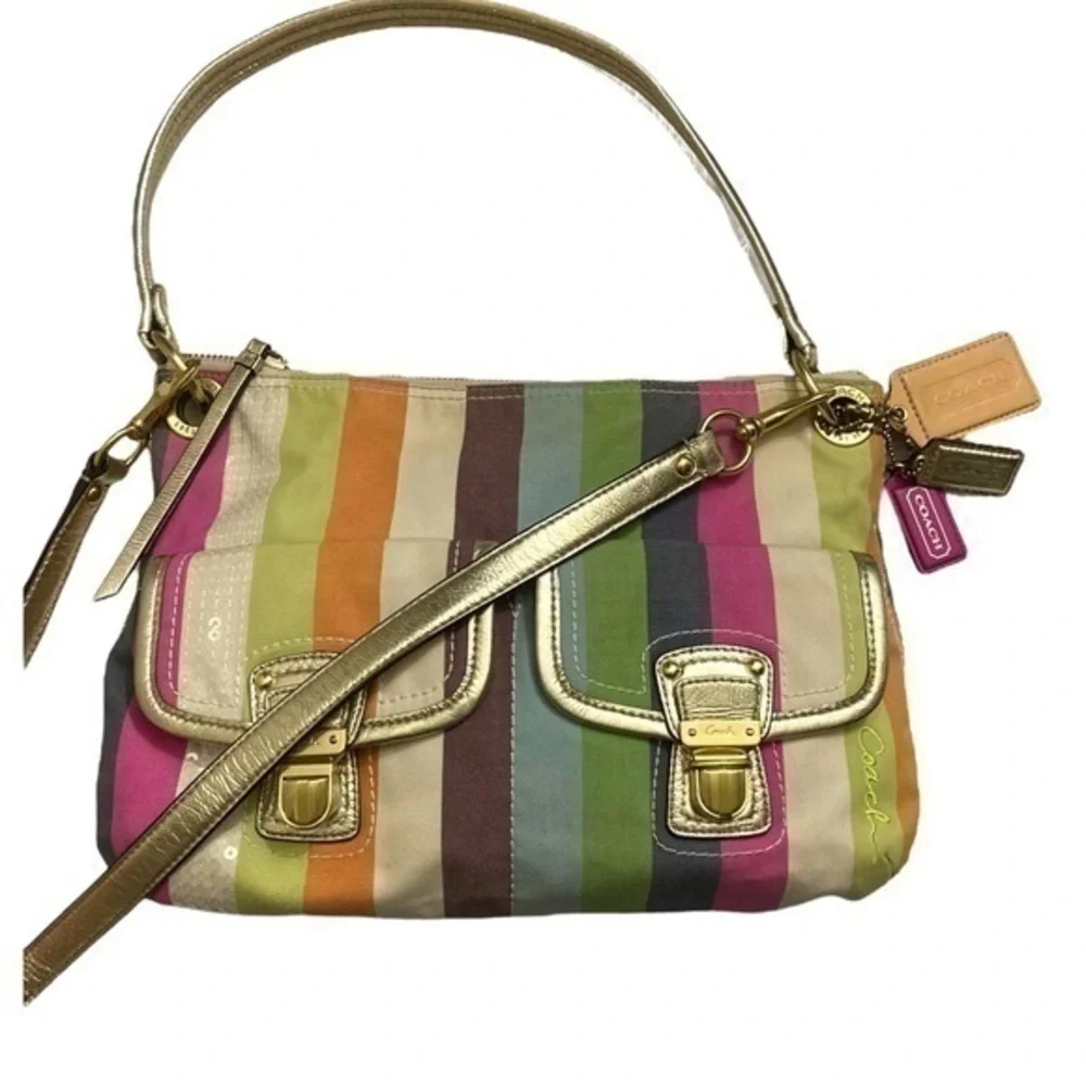 Coach poppy rare legacy striped sequined two way messenger crossbody bag